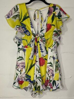 Yellow Floral Tie-Front Women’s Romper with Flutter Sleeves